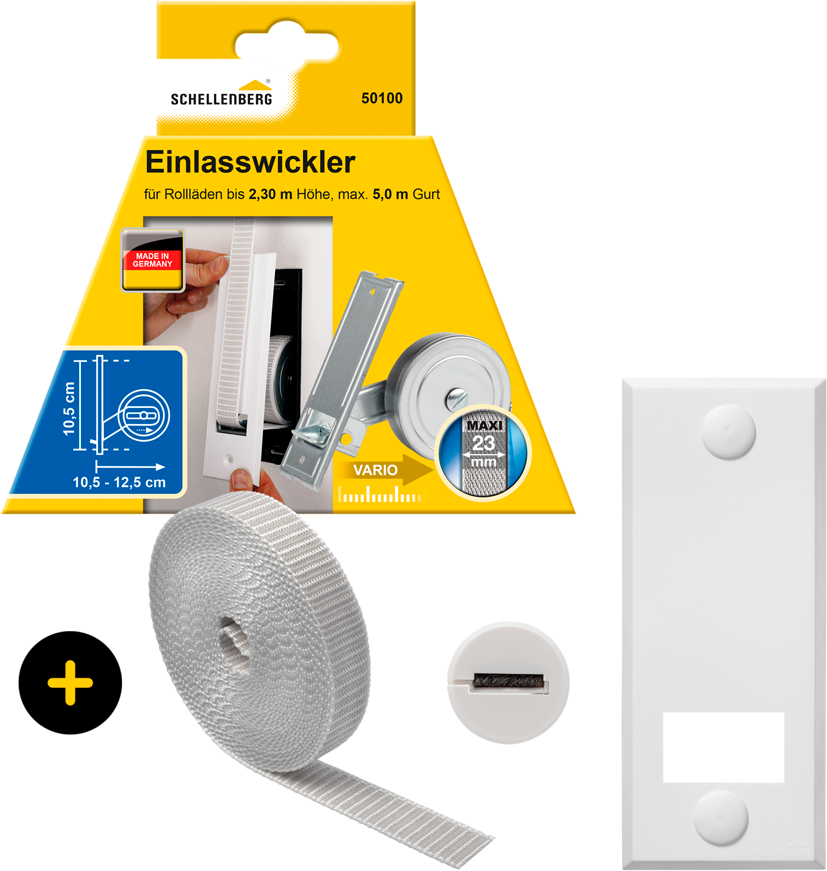 Einlass-Gurtwickler SCHELLENBERG "inkl. Abdeckplatte, Gurtführung, Rollladengurt grau oder weiß", grau, 1 Stk., Gurtwickler, Unterputz Gurtwickler 10,5 cm Lochabstand für das Rollladensystem Maxi