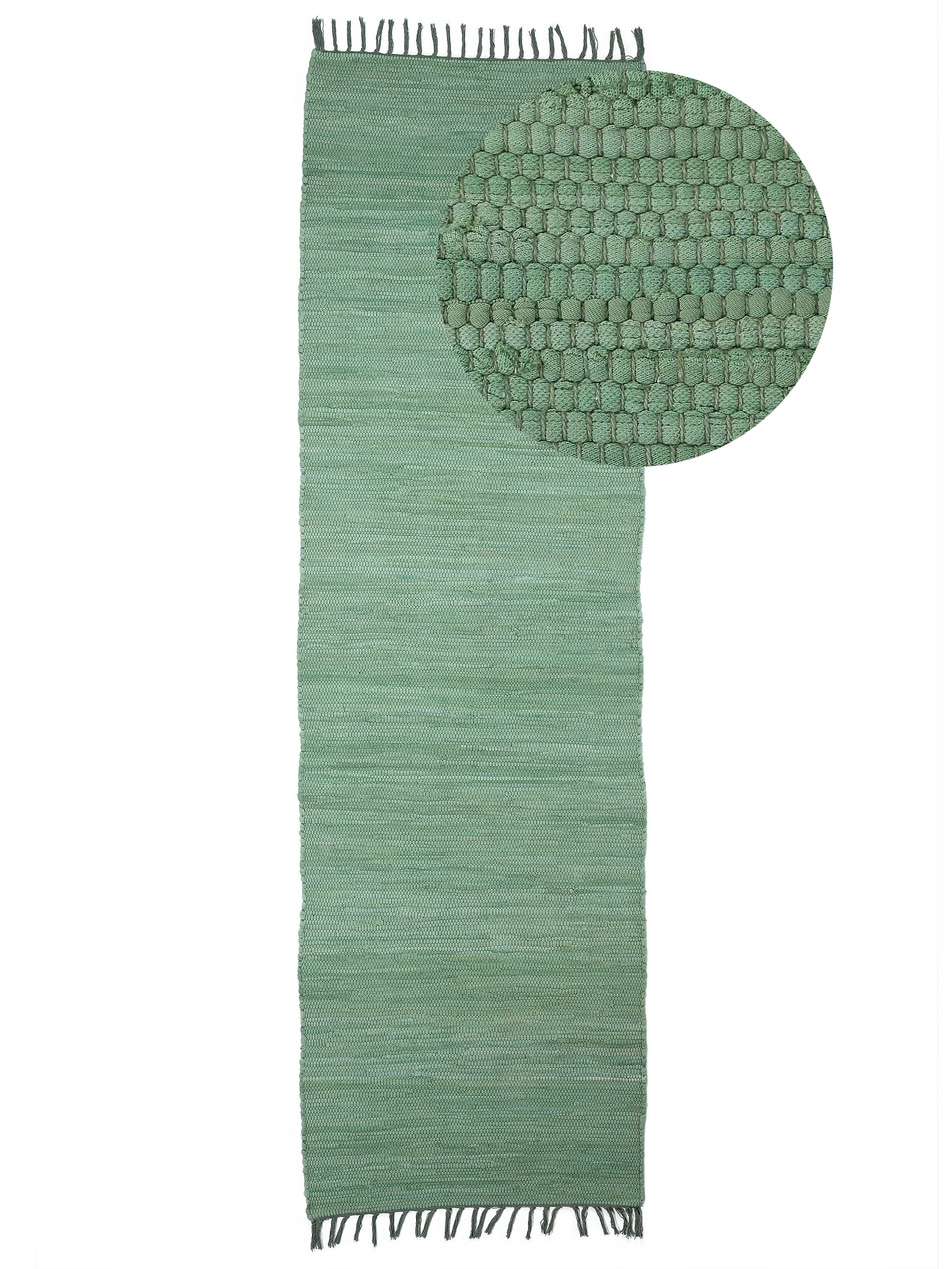 Teppich CARPETFINE "Kelim Chindi uni, auch als Läufer", grün, B:60cm H:5mm L:180cm, Baumwolle, Teppiche, Teppich, Wendeteppich, reine Baumwolle, handgewebt, Uni-Farben, mit Fransen Image