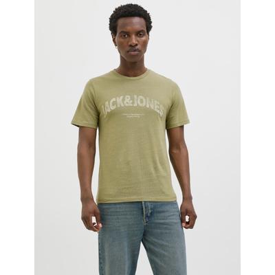 T-Shirt JACK & JONES "JORALMERIA BOLD BRANDING TEE SS CN", Herren, Gr. XL, beige (cedar), Jersey, Obermaterial: 100% Baumwolle, bedruckt, modisch, regular fit taillenbedeckt, Rundhals, Kurzarm gerader Abschluss, Shirts, mit Logo Druck Image