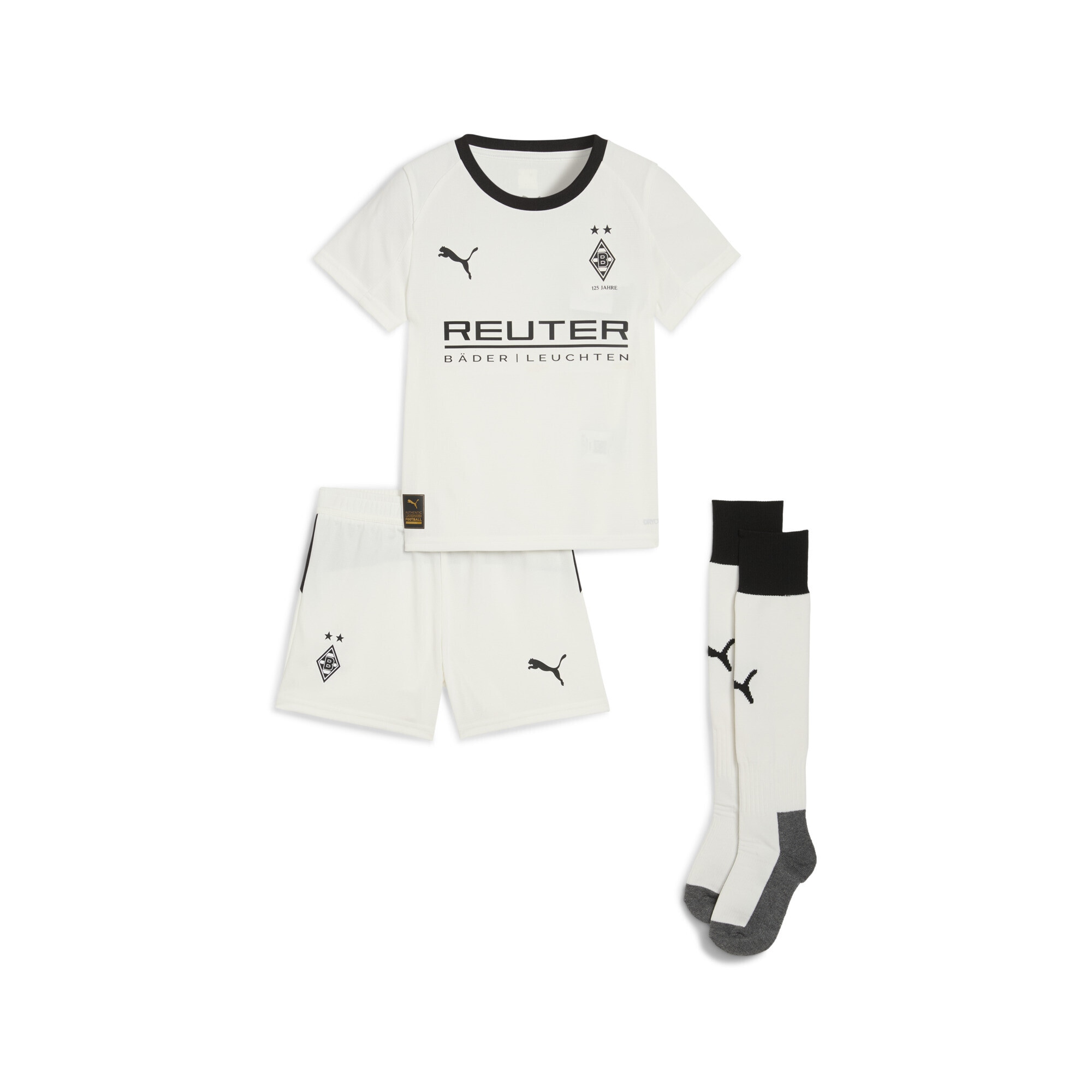 Trainingsanzug PUMA "Borussia Mönchengladbach 25/26 Heimtrikot Kinder", Jungen, Gr. 104, schwarz-weiß (warm weiß schwarz), Obermaterial: 100% Polyester; Rippe: 100% Polyester, Sportanzüge Trainingsanzug