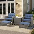Sobaniilo 5 Piece Patio Furniture Set Outdoor PE Wicker Patio Chair Two with Ottoman Underneath Wicker Lounge Chair with Side Table Dark Blue