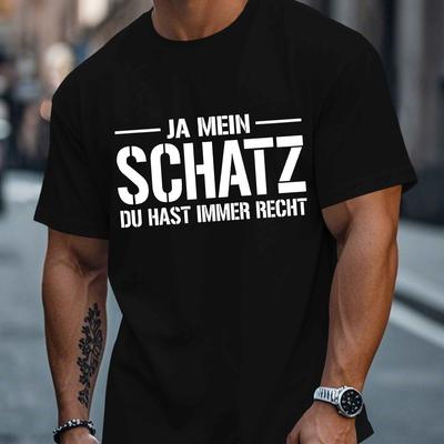 TEMU German Men's Short Sleeve T-shirt - Black Geometric Summer Top, Breathable Round Neck Tee, Machine Washable Regular Fit, Streetwear Fashion, Text Design, Summer Material Image