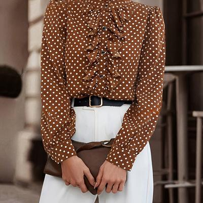 TEMU Women's Polka Dot Ruffle Long Sleeve Shirt - Polyester 100% Stand Collar Regular -season Woven Blouse With Single Breasted Image