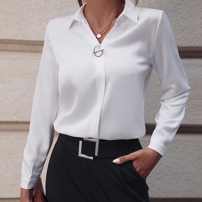 TEMU Elegant Long Sleeve With Pearl Button Detail - Chic Black Lapel Collar, Sophisticated For All , Women's Fashion Image