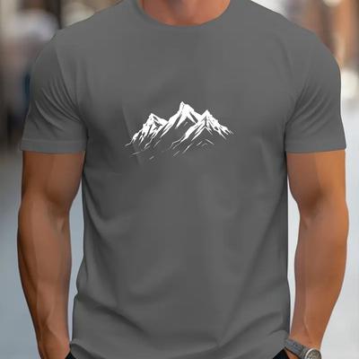 TEMU Men's Geometric Mountain Graphic T-shirt - Vibrant Orange & White Contrast, Breathable Polyester Blend Knit Fabric, Regular Fit Round Neck For Casual Sports & Casual Attire, T-shirt Stylish Image