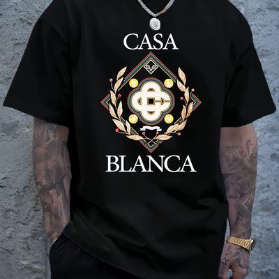 TEMU Men's Casual Graphic T-shirt Blanca Lettering& - White Round Neck Short Sleeve Tee, Machine Washable Regular Fit For Casual Attire, Streetwear Fashion| Trendy Streetwear| Easycare Fabric Image