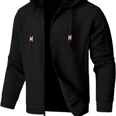 TEMU Gekm Men's Knit Hoodie, 100% Polyester Long Sleeve Zip-up Hooded Sweatshirt, Casual Sports Pullover With Drawstring, Regular Fit, Stretch, 250g/m² Fabric Weight Image