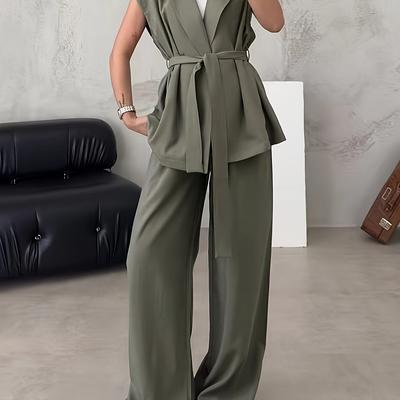 TEMU Yy1225058 Women's Elegant Off-shoulder Suit Vest + Drawstring Waistband Pleated Trousers Two-piece Set With Belt Image