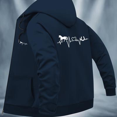 TEMU Men's Casual Hooded Jacket Silhouette & Heartbeat Design - Navy Blue, Zip-up, Full-zip/standard-zip Closure, Polyester Lining, Casual Outerwear|hooded Jacket|functional Pockets, Horse Lover Gifts Image