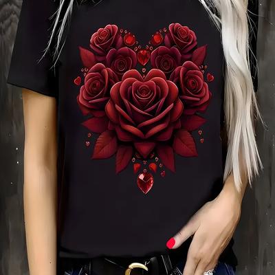 TEMU Plus-size Women's Valentine's Day T-shirt - Casual Round Neck, Short Sleeve With Vibrant Graphic Image