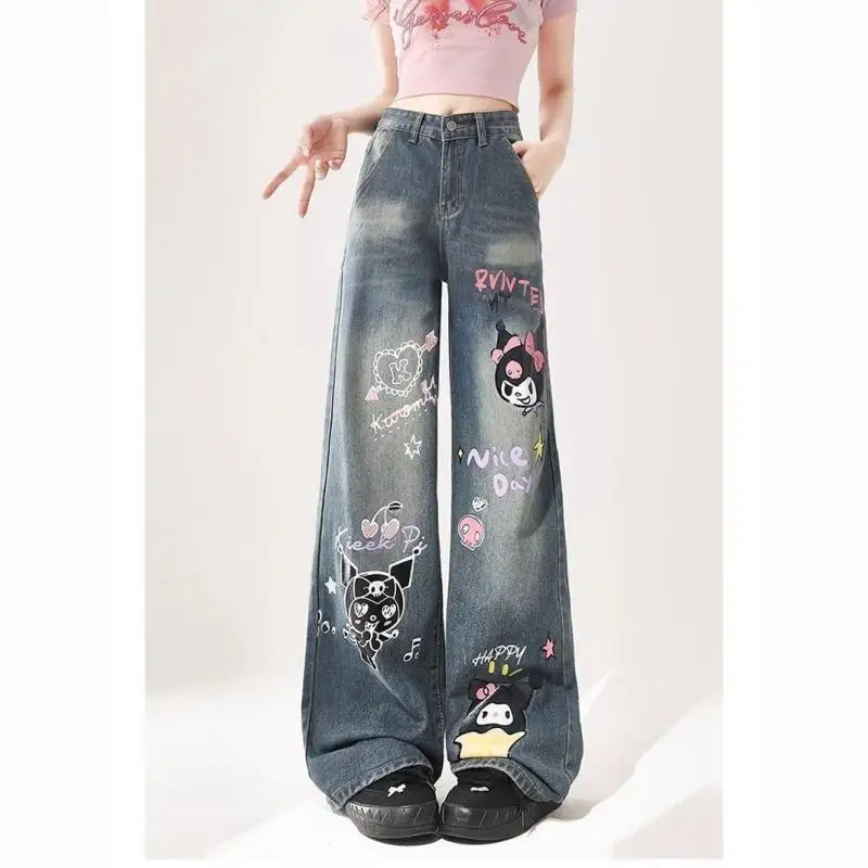 Hello Kitty Cartoon Jeans Kuromi Lange Hosen Anime Herbst Lose Taille Hosen Niedlichen Druck Retro Dünne Breite Bein Hosen Mädchen