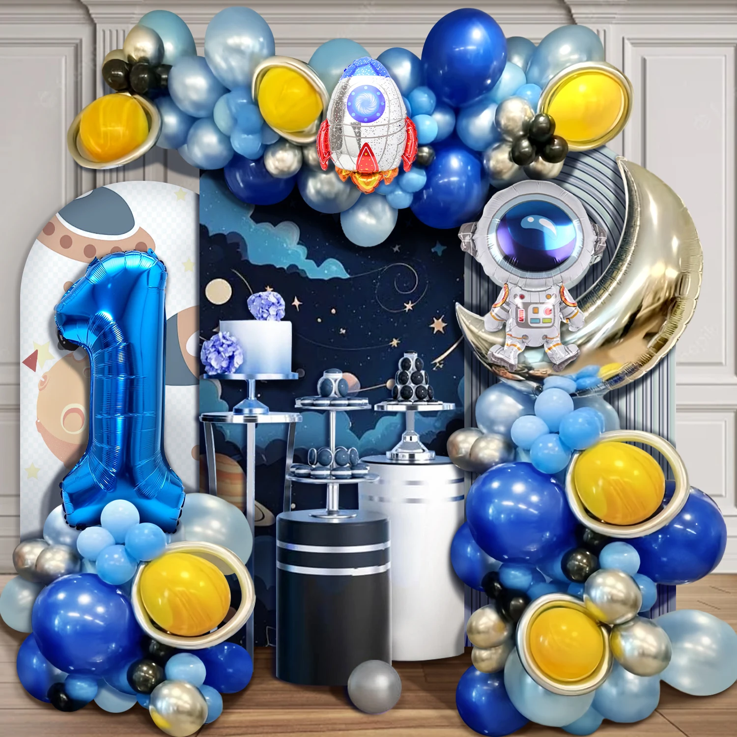 103-teiliges blaues Ballonbogen-Set „Outer Space 1st Birthday Party“, blaue, silberne und gelbe Achat-bedruckte Luftballons mit Mond, ro Image