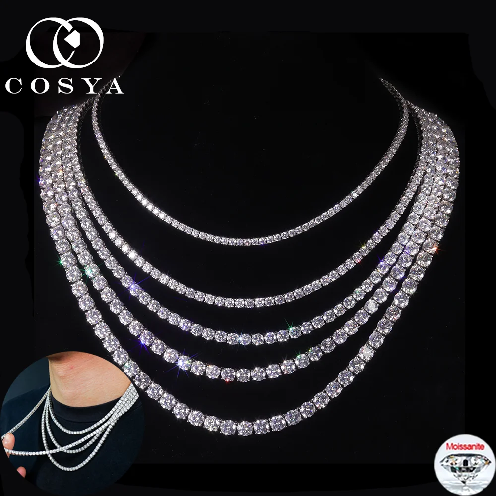 COSYA D Farbe 3/4/5/6,5mm Moissanit Tennis Halskette 100% S925 Silber VVS1 Lab diamant Hip Hop Party Schmuck Für Frauen Männer