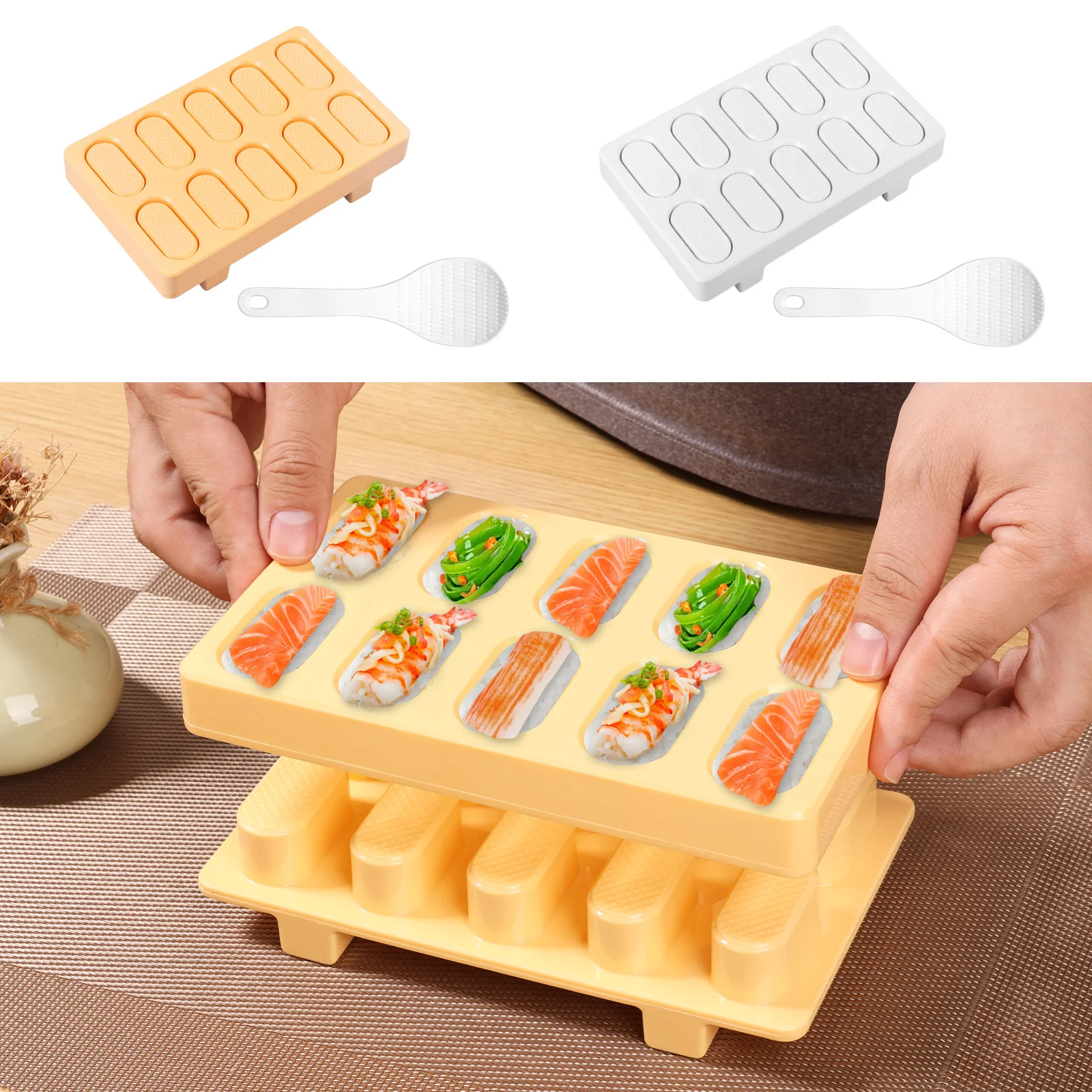 10-Gitter-Sushi-Reis-Herstellungsform, Kunststoff-Reis-Kugel-Formhersteller, antihaftbeschichtetes Sushi-Presswerkzeug mit Löffel, einfache Entformung für Picknick zu Hause Image