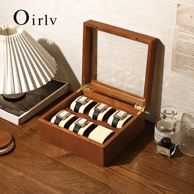 Oirlv Wood Watch Storage Box Delicate Dustproof Glass Cover Watch Box Wristwatch Collection Box Display Storage 6-Gird Watch Box
