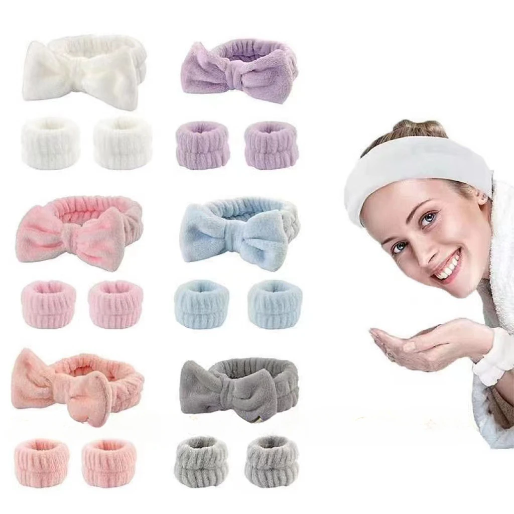 3-teiliges Schleifen-Stirnband-Armband-Set, Handtuch, elastisch, weich, Waschen, Gesicht, Dusche, Make-up, Yoga, Sport, Hautpflege, Stirnband für Frauen und Mädchen Image