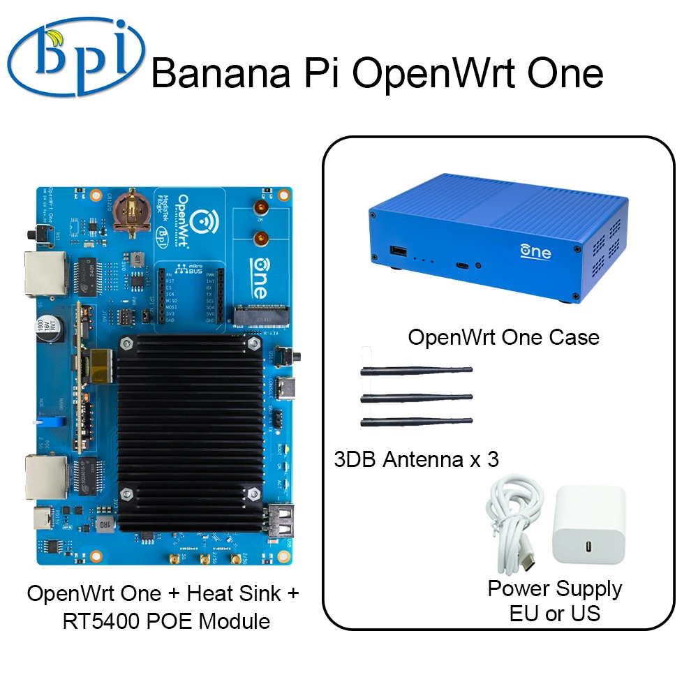 Banana Pi OpenWrt One MediaTek MT7981B 1 GB DDR4 2,5 GB RJ45 und Gigabit Ethernet RJ45 256 MiB SPI NAND Open Source Smart Router Image