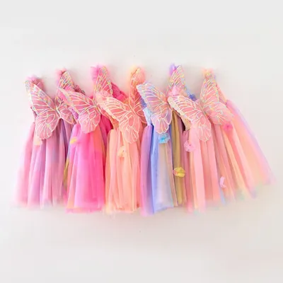 Sommer Kinder Kleid Mädchen Regenbogen Schmetterling Mesh Prinzessin Kleid Neckholder Flügel Image
