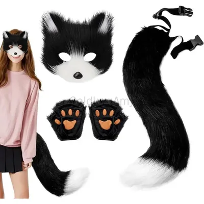 Set aus Fuchsmaske und Schwanz aus Kunstfell, pelziges Fuchskostüm, inklusive flauschiger Maskenpfotenhandschuhen, Schwanz, Halloween, Cosplay für Verkleidung Image