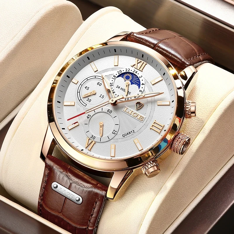 LIGE Outdoor Fashion Quarz Mann Uhr Casual Sport Lederband 24-Stunden Mond Phase Einfache Klassische Uhren für Männer reloj Hombre