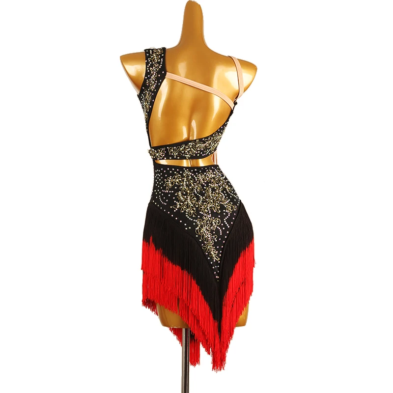 Abito da ballo latino nero per donna Concorso con frange Cha Cha Rumba Costume Salsa Abiti da ballo per sala da ballo Abbigliamento da ballo