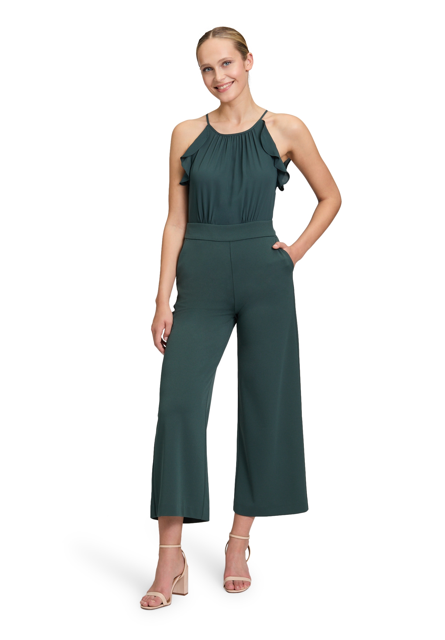 Overall VERA MONT "Damen Jumpsuit mit Volant", Damen, Gr. 36, grün (dusty slate), Obermaterial: 95% Polyester recycelt, 5% Elasthan., festlich, figurumspielend, amerikanischer Ausschnitt, Overalls, Bindeband Image