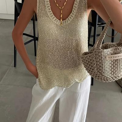 TEMU Women's Sleeveless Knit Top With Sequin Detail - , V-neck, Lightweight Polyester, Spring/summer Outfits, Casual Knitwear | Sweater | Lightweight Kni Image