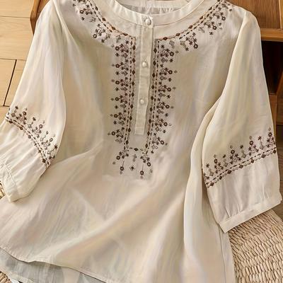 TEMU Women's Elegant Embroidered Blouse - Loose-fitting, Long Sleeve, Stand Collar, With Floral & Bead Details, Spring/summer, Casual Wear, Casual Wear Blouse | Embroidered Blouse | Stand Collar Shirt Image