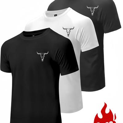TEMU 3pcs Men's Short Sleeve T-shirts With Bull Horns Graphic Print - Lightweight Summer Casual Tees, Regular Fit Round Neck, Black & White Options For Sports & Casual Attire, Casual , Shirt Image