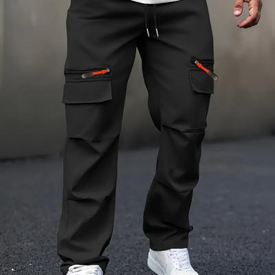 TEMU Men's Casual Cargo Pants With Multiple Pockets - Straight Leg, Loose Fit, Beige, Zipper Details, Spring And Fall Image