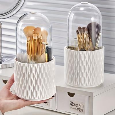 TEMU 1pc Rotating Makeup Brush Storage Box, Waterproof And Dustproof Cosmetic Organizer With Transparent Lid For Storing Brushes And Eyebrow Pencils, Suitable For Bathroom And Desktop Organization Image