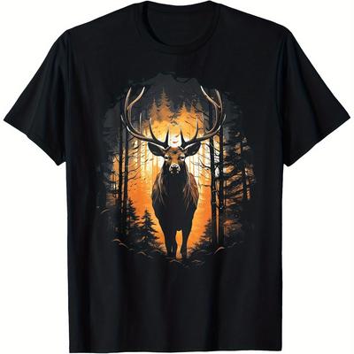 TEMU Men's Casual T-shirt Deer Print, Crew Neck, Short Sleeve, Knit Fabric Tee, Regular Fit- 220g, Hunting Themed Clothing | Adventure Style Tee | 100% Fabric, T Shirts Image