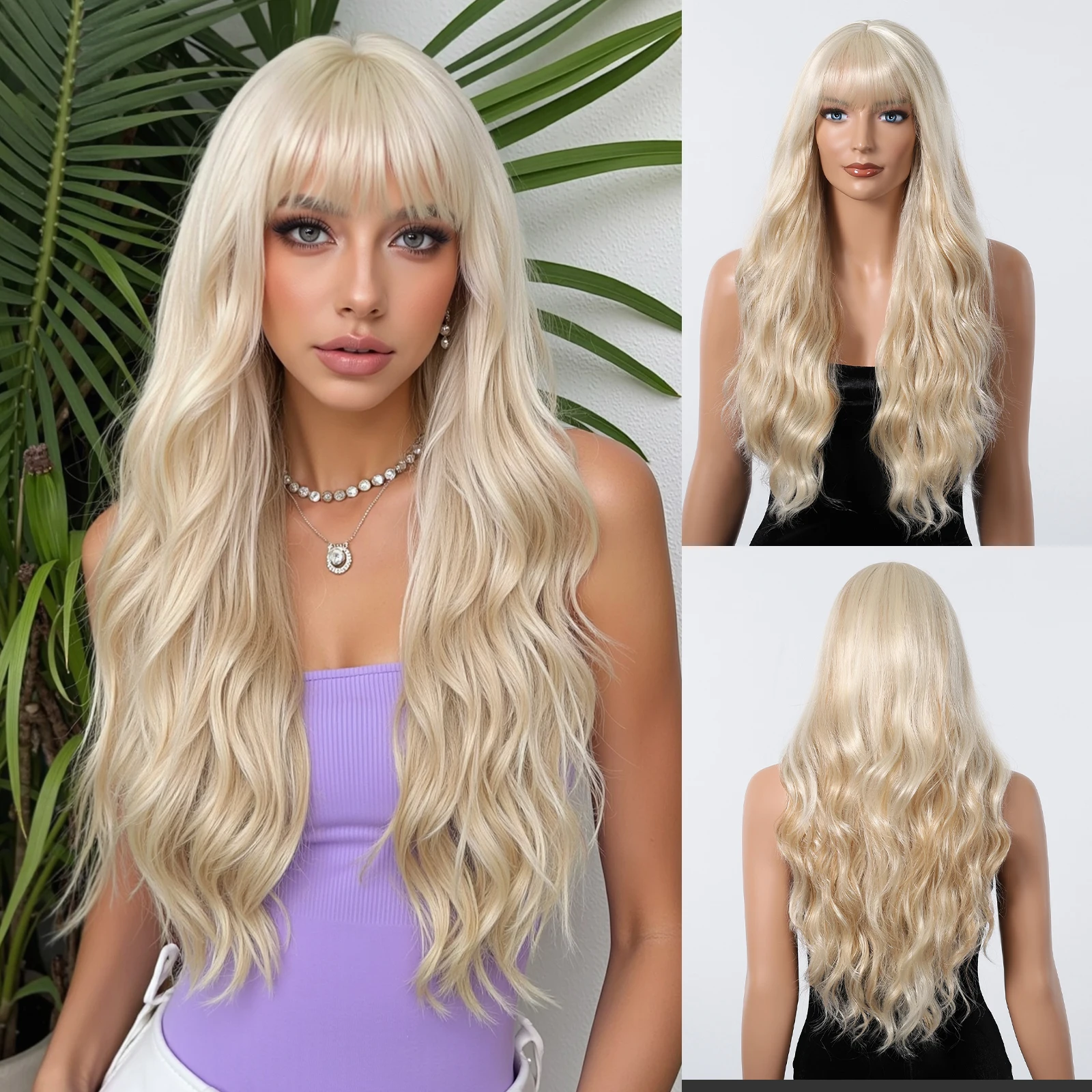 Lockige lange hellblonde synthetische Perücken mit blonden Highlights, wassergewellt, mit Pony, hitzebeständig, Lolita, Cosplay, natürlich, täglich Image