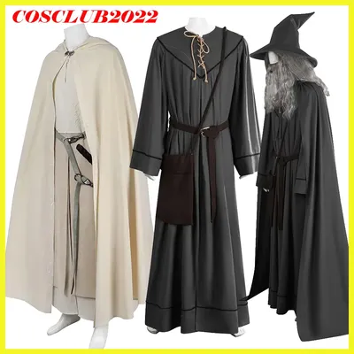 Dress-Up Gandalf Cosplay Grau Weiß Robe Zauberer Elf Kostüm Hut Umhang Gürtel Männliche Outfits Image