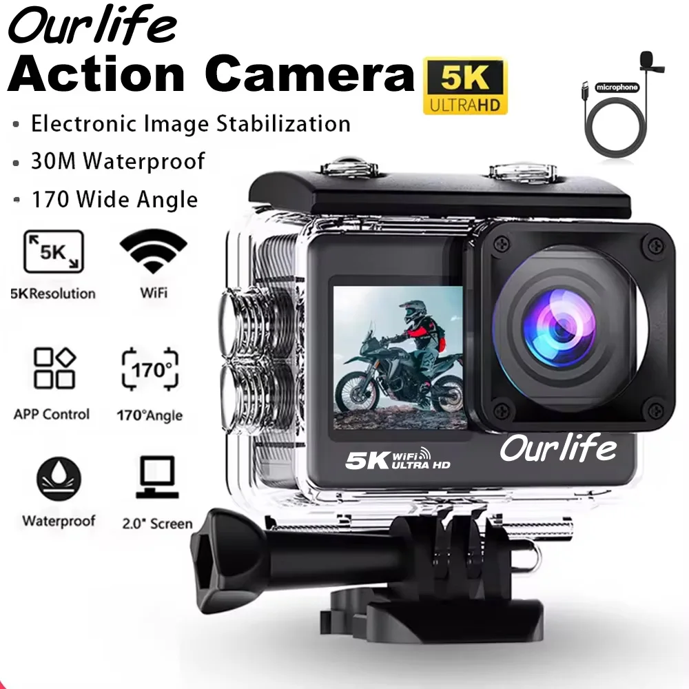 Ourlife Action Kamera 5K 4K60FPS EIS WiFi Dual Screen 170D 2,0 Zoll Touchscreen 30M Wasserdichte Sport Kamera mit Fernbedienung Image
