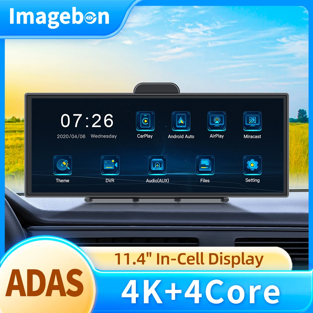 Imagebon 11,4′′ 4K ADAS Dashcam Wireless CarPlay & Android Auto Dual Lens DVR WiFi GPS Navigation Nachtsicht-Videorecorder Image