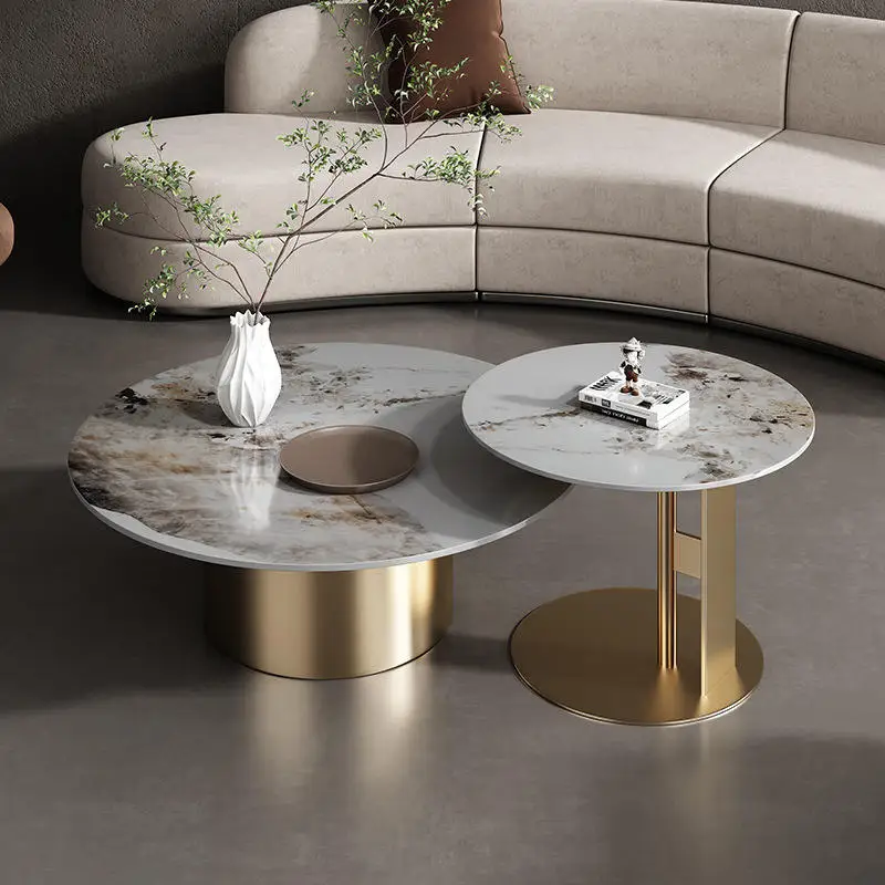 Mode Kreative Marmor Top Moderne Licht Luxus Designer Einfache Runde Gold Couchtisch Metall Couchtisch Image