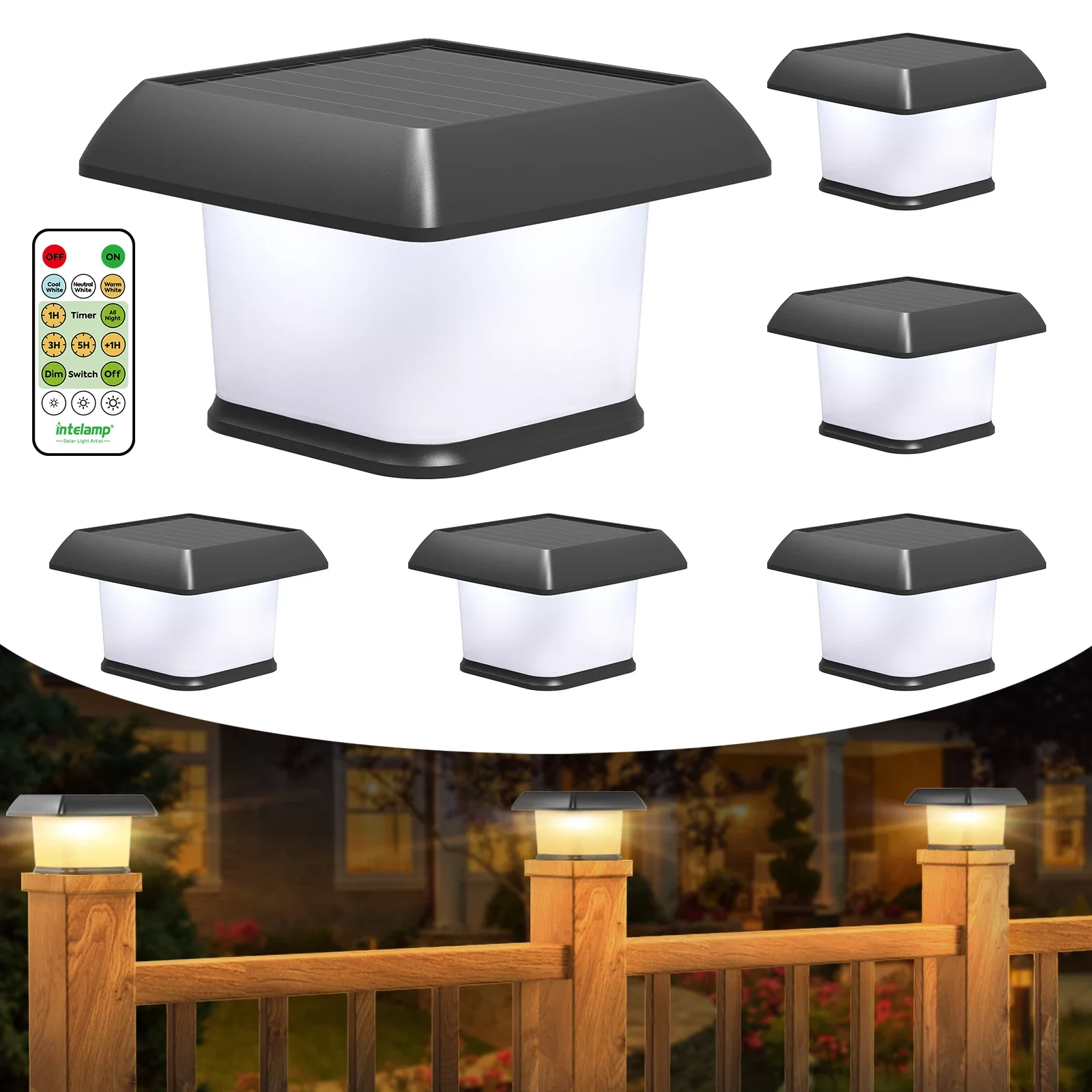 Intelamp Outdoor Solar Post Light,Solar Post Cap Zaun Licht mit Fernbedienung, dreifarbig einstellbar, wasserdicht Outdoor Solar Image