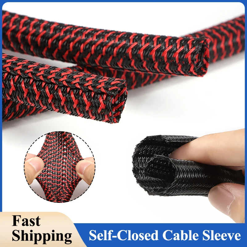 Rot-schwarze, selbstgeschlossene Kabelhülle, 3 mm ~ 50 mm, PET, geflochten, isoliert, Wickelmantel, geteilter Draht-Organizer, hoher Schutz Image