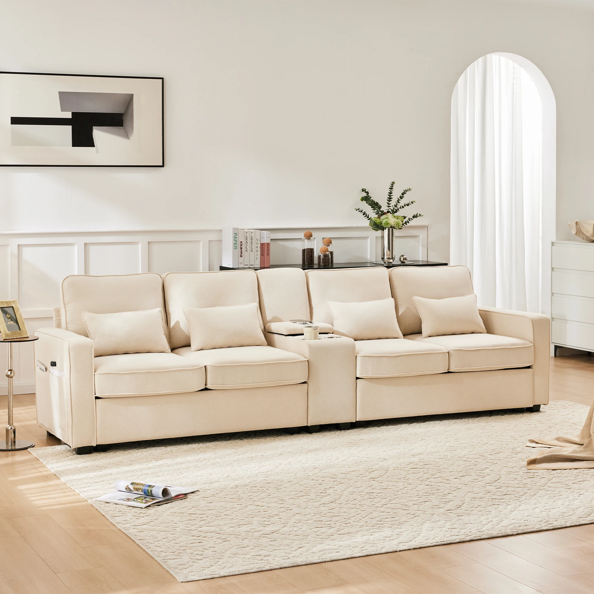 Ecksofa Schlafsofa mit 4 Kissen, Seitentaschen, Hochelastischer Schwamm, Grau/Beige Image