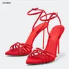 2025 Design Kristall Knöchelriemen Sandalen Frauen Sexy Kristall High Heels Sandalen Sommer Party Prom Hochzeit Schuhe Rot