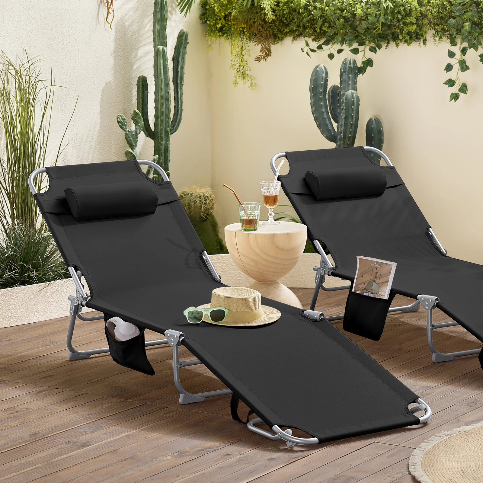 SoBuy OGS35x2 2-er Set Gartenliege mit Tasche und Kopfkissen luftig klappbar Liegestuhl für Gärten, Höfe, Strände, Balkone Image