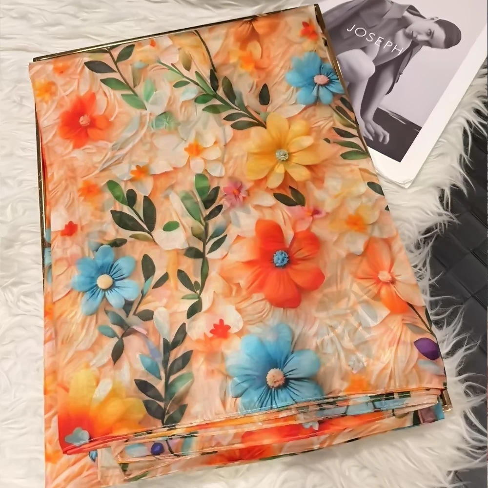 Orange Blau Damen Schal aus 100 % Maulbeerseide, eleganter Blumenmuster, langer Schal aus reiner Seide, Sommer-Strand-Seidenschal, Wickelschal, Hijab-Schal, Bufanda