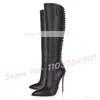 Spitze Zehen Niet Stiletto High Heels Stiefel Frauen Sexy Rosa Sohle Kniehohe Nieten Schuhe Dame