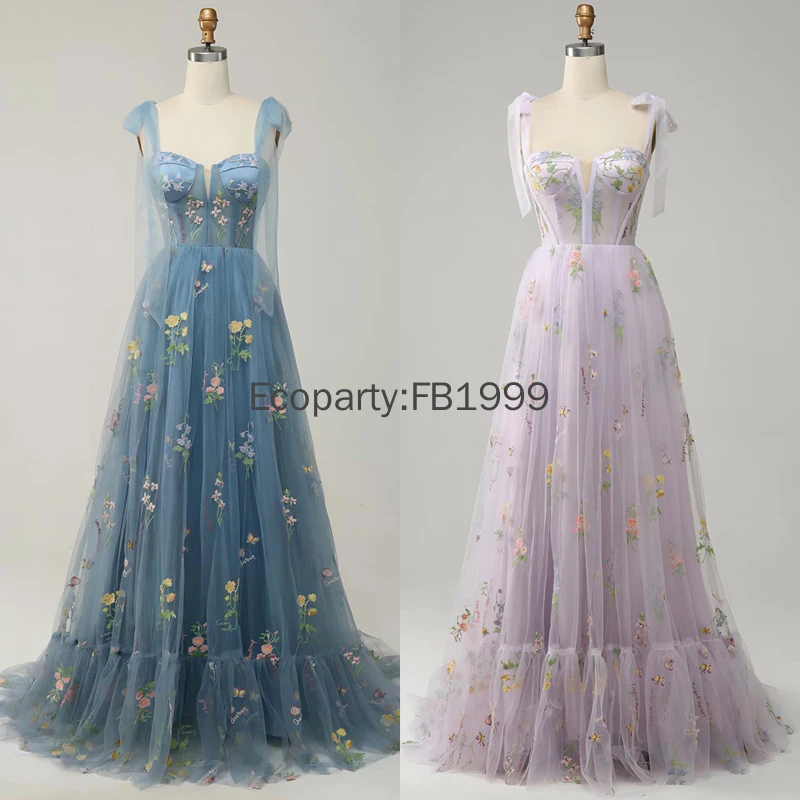 Frauen Fee Prinzessin Stickerei Elegante Abendkleider Sexy Ärmellose Spaghetti Strap Tüll Lila Blau Bankett Kleid Vestidos Image