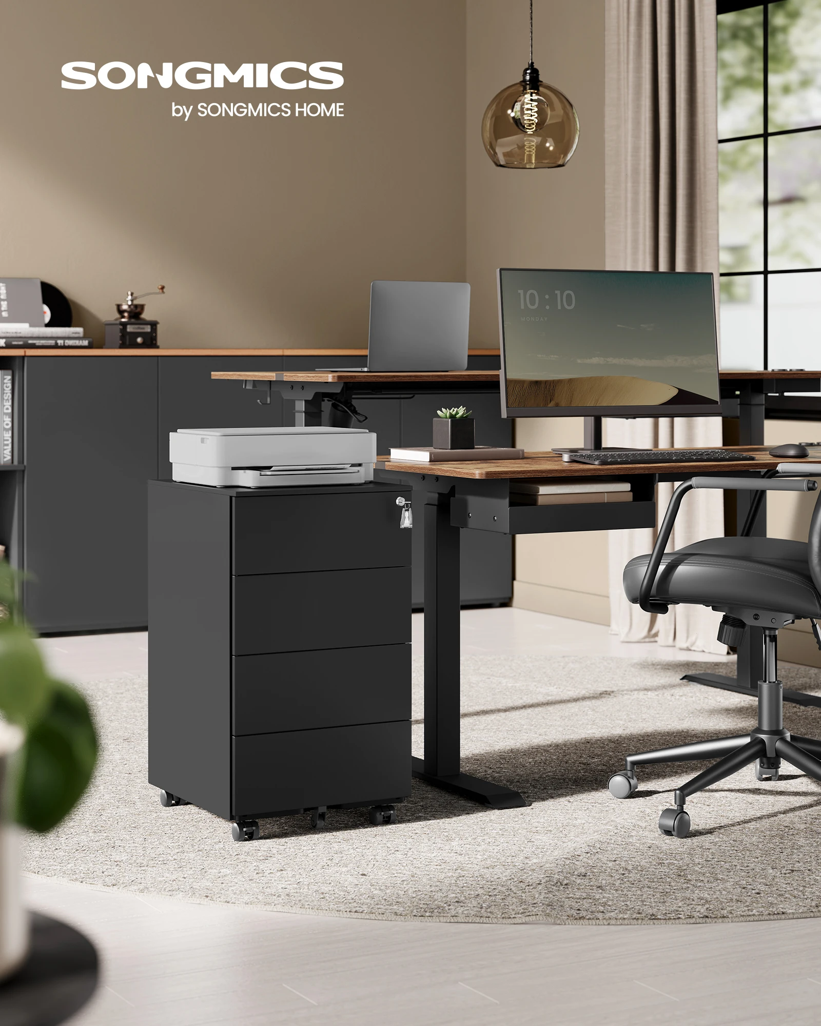 SONGMICS Rollcontainer, Metallschrank, mobiler Aktenschrank, Druckertisch, abschließbar, 4 Schubladen, Unterschrank, vormontiert