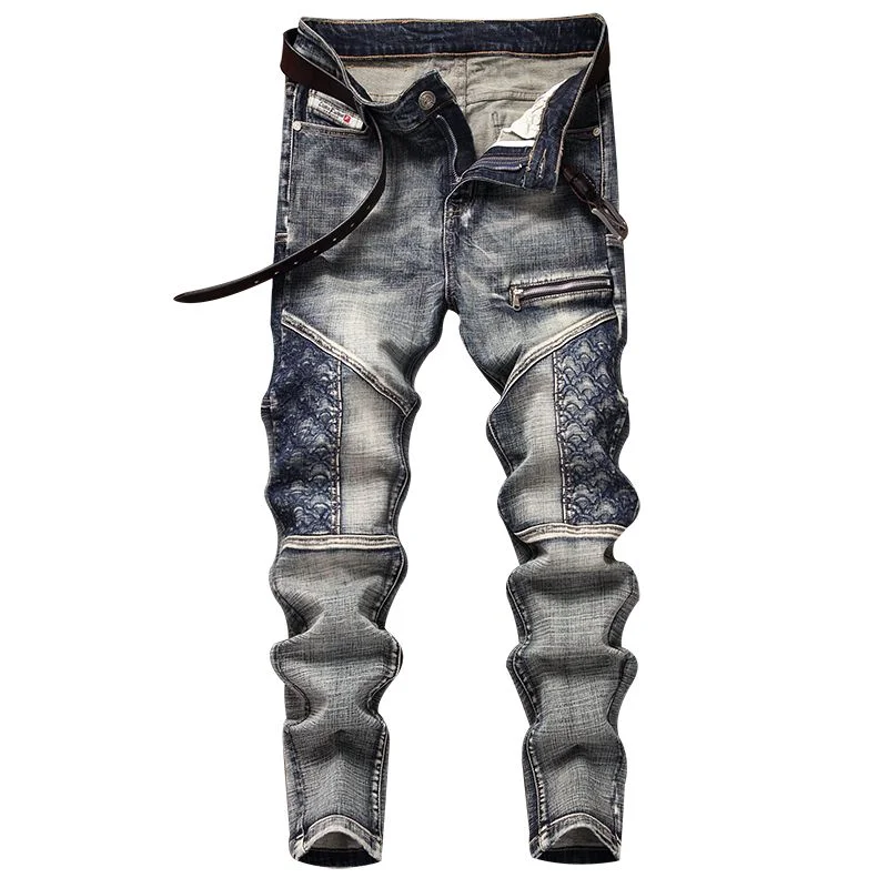 Hochwertige Slim Stretch Herren Jeans Streetwear Hip Hop Rock Mode Stickerei gespleißt ​ ​ Retro Denim Hose Frühlingshose Image