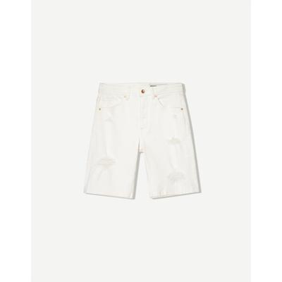 Bershka Ripped Denim Bermuda Shorts Men 28 White