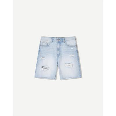 Bershka Ripped Denim Bermuda Shorts Men 30 Light Blue