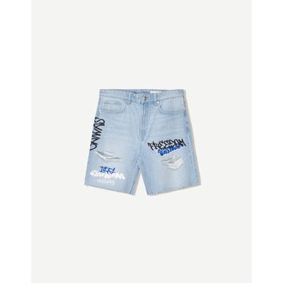Bershka Printed Denim Bermuda Shorts Men 30 Light Blue